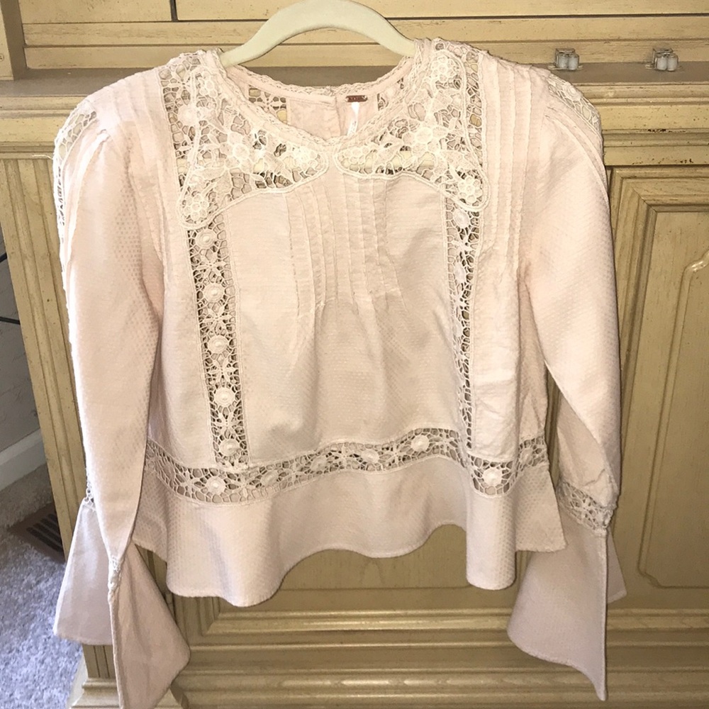 Free People Long Sleeve Pink Blouse w/ Lace Detail
